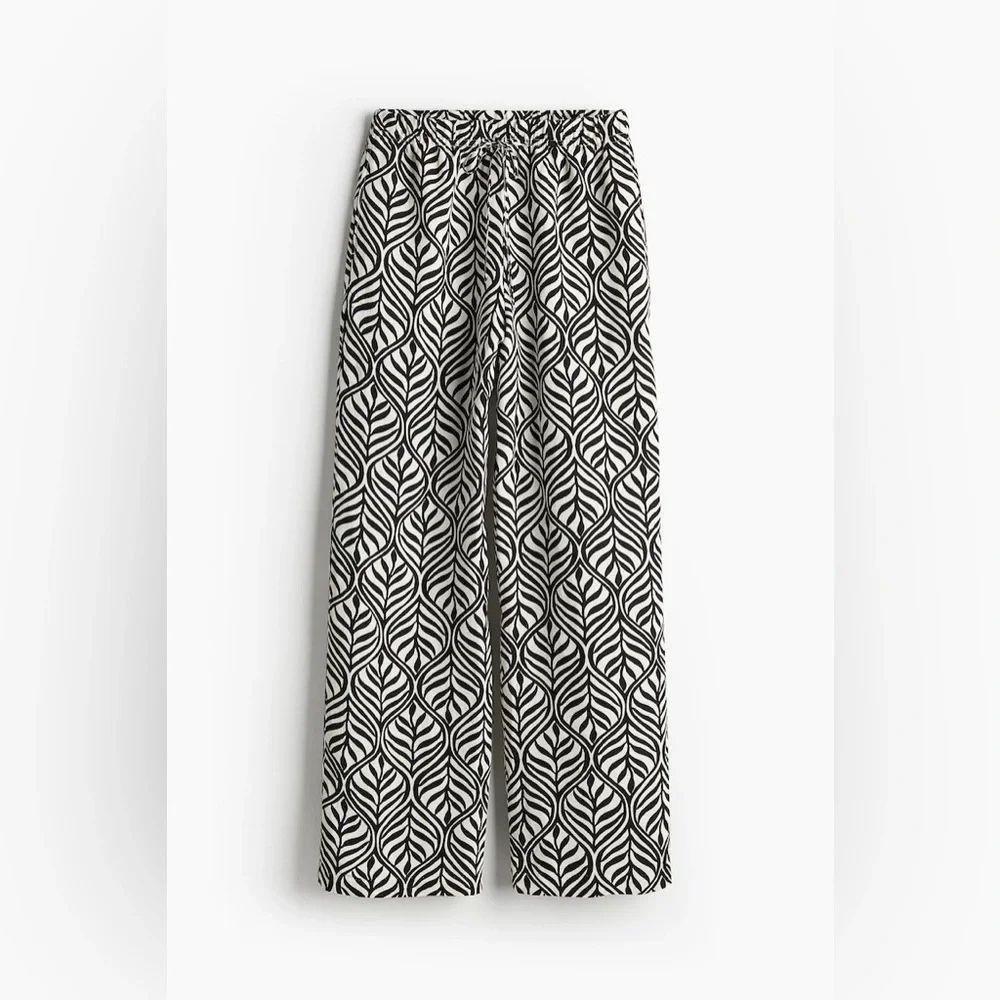 NWT H&M Women’s Wide Leg Linen-Blend Patterned Pants Black/White M
